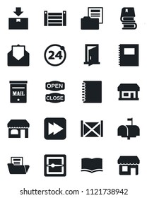 Set of vector isolated black icon - 24 around vector, shop, book, store, container, package, mail, fast forward, scanner, copybook, document folder, mailbox, open close, door, storefront