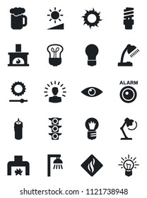 Set of vector isolated black icon - bulb vector, sun, eye, traffic light, brightness, desk lamp, fireplace, beer, candle, smoke detector, energy saving, outdoor, alarm led, shining head, idea