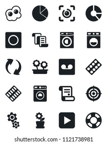 Set of vector isolated black icon - washer vector, contract, circle chart, pills blister, play button, update, record, eye id, pie graph, target, flower in pot, omelette, gear, crisis management