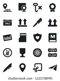 Set of vector isolated black icon - no mobile vector, pen, stamp, heart shield, navigation, pin, fragile, up side sign, hook, barcode, sd, cut, sertificate, sale, menu, open close, paper plane