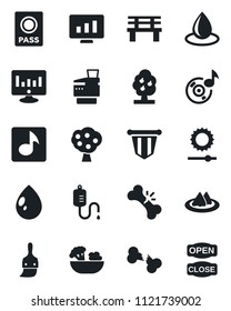 Set of vector isolated black icon - passport vector, pennant, statistic monitor, water drop, bench, dropper, broken bone, themes, brightness, music, copier, fruit tree, serviette, salad, open close