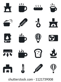 Set of vector isolated black icon - hot cup vector, fire, fireplace, thermometer, coffee, air conditioner, bread, steaming pan, water heater, balloon