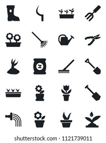 Set of vector isolated black icon - job vector, flower in pot, garden fork, rake, seedling, watering can, sproute, pruner, boot, sickle, fertilizer, irrigation