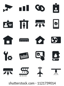 Set of vector isolated black icon - plane radar vector, security gate, identity card, drip irrigation, sorting, barcode, chain, root setup, air conditioner, smart home, water heater, control app