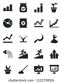 Set of vector isolated black icon - growth statistic vector, seedling, watering, sproute, hoe, sickle, fertilizer, bar graph, pie, point, career ladder, irrigation, arrow up, presentation
