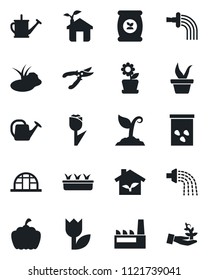 Set of vector isolated black icon - seedling vector, watering can, sproute, pruner, pumpkin, greenhouse, seeds, pond, fertilizer, tulip, flower in pot, factory, eco house, palm