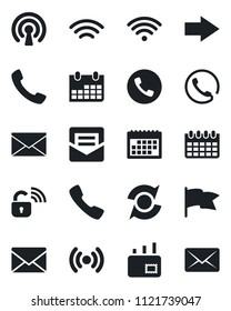 Set of vector isolated black icon - phone vector, right arrow, mail, calendar, call, wireless, update, lock, flag