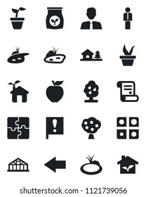 Set of vector isolated black icon - left arrow vector, manager, contract, seedling, greenhouse, pond, fertilizer, important flag, application, house with tree, fruit, estate agent, apple, eco