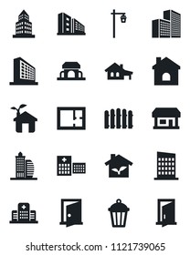 Set of vector isolated black icon - office building vector, fence, house, garden light, hospital, store, with garage, plan, city, cafe, eco, door