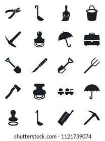 Set of vector isolated black icon - suitcase vector, umbrella, stamp, baggage larry, job, shovel, farm fork, bucket, pruner, axe, scalpel, themes, case, ladle, hard work