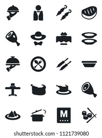 Set of vector isolated black icon - spoon and fork vector, waiter, restaurant table, serviette, menu, plates, dress code, chicken, steak, kebab, ham, bowl, steaming pan, sushi