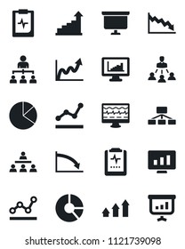 Set of vector isolated black icon - growth statistic vector, hierarchy, presentation board, monitor, circle chart, pulse, clipboard, statistics, pie graph, point, arrow up, crisis