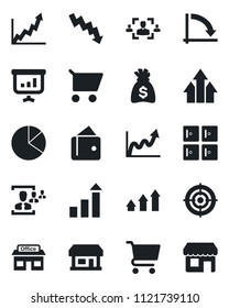 Set of vector isolated black icon - checkroom vector, growth statistic, money bag, crisis graph, store, pie, hr, target, arrow up, wallet, cart, presentation, storefront