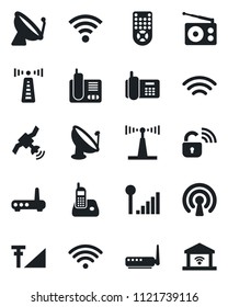 Set of vector isolated black icon - antenna vector, satellite, office phone, radio, remote control, wireless, cellular signal, lock, router, garage gate