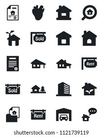 Set of vector isolated black icon - office building vector, house, real heart, contract, with garage, tree, estate document, rent, sold signboard, search, smart home, eco, message