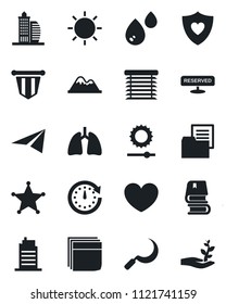 Set of vector isolated black icon - pennant vector, sun, sickle, heart, shield, lungs, folder document, brightness, blank box, book, mountains, office building, city house, reserved, water, jalousie