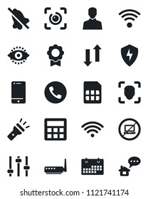 Set Of Vector Isolated Black Icon - Phone Vector, No Laptop, Cell, Protect, Tuning, User, Calculator, Sim, Data Exchange, Torch, Mute, Face Id, Eye, Sertificate, Calendar, Wireless, Router