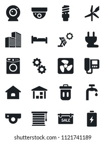 Set of vector isolated black icon - bed vector, warehouse, office building, house, water supply, sale, power plug, fan, web camera, intercome, gear, washer, energy saving bulb, jalousie, trash bin