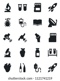 Set of vector isolated black icon - satellite antenna vector, book, blood test vial, dropper, microscope, ampoule, real heart, joint, virus, sd, rocket
