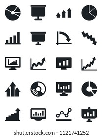 Set of vector isolated black icon - growth statistic vector, presentation board, crisis graph, monitor, circle chart, statistics, bar, pie, point, arrow up