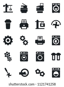 Set of vector isolated black icon - washer vector, gear, ripper, tomography, printer, copier, crane, water filter