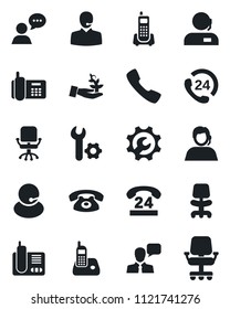 Set of vector isolated black icon - office chair vector, phone, 24 hours, support, speaker, radio, call, root setup, palm sproute