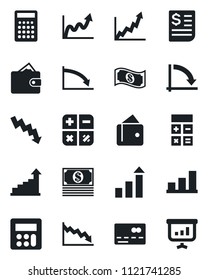 Set of vector isolated black icon - credit card vector, growth statistic, calculator, crisis graph, receipt, bar, wallet, cash, presentation