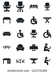 Set of vector isolated black icon - cafe vector, waiting area, disabled, office chair, desk, picnic table, cushioned furniture, restaurant, man with notebook