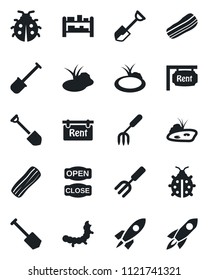 Set of vector isolated black icon - job vector, garden fork, shovel, lady bug, caterpillar, pond, rack, rent, bacon, open close, rocket