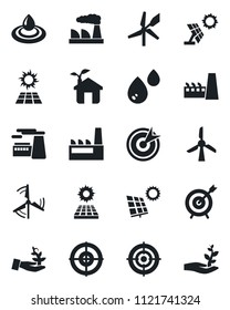 Set of vector isolated black icon - factory vector, target, sun panel, windmill, eco house, water, palm sproute