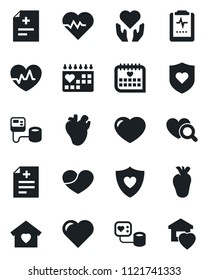Set of vector isolated black icon - heart vector, pulse, diagnosis, blood pressure, diagnostic, shield, hand, real, medical calendar, clipboard, sweet home