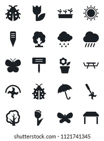 Set of vector isolated black icon - umbrella vector, sun, flower in pot, ripper, tree, butterfly, lady bug, seedling, rain, plant label, picnic table, tulip