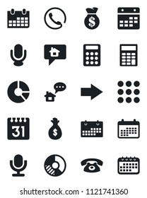 Set of vector isolated black icon - right arrow vector, calendar, circle chart, microphone, menu, calculator, phone, home message, money bag