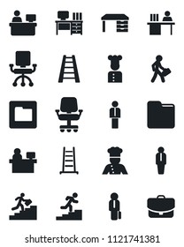 Set of vector isolated black icon - manager vector, desk, place, ladder, folder, career, cook, office chair, case