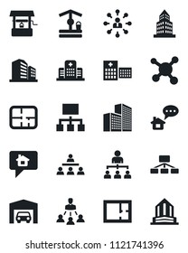 Set of vector isolated black icon - hierarchy vector, well, hospital, molecule, office building, garage, plan, home message