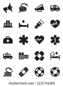 Set of vector isolated black icon - hose vector, heart pulse, doctor case, patch, ambulance star, car, hospital bed, loudspeaker, torch, crisis management