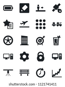 Set of vector isolated black icon - departure vector, escalator, baggage larry, bench, satellite, heavy, favorites list, menu, settings, notes, battery, city house, phyto bar, fan, pc, sprinkler