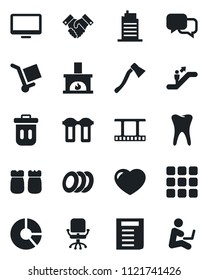 Set of vector isolated black icon - escalator vector, office chair, document, circle chart, axe, tooth, cargo, film frame, dialog, monitor, heart, menu, handshake, fireplace, city house, plates