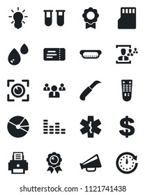 Set of vector isolated black icon - ticket vector, dollar sign, team, medal, garden knife, blood test vial, ambulance star, loudspeaker, equalizer, remote control, sd, sertificate, pie graph, hr