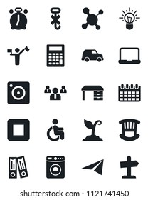 Set of vector isolated black icon - dispatcher vector, alarm clock, washer, team, office binder, desk, calendar, sproute, molecule, disabled, no hook, stop button, mobile camera, notebook pc, idea