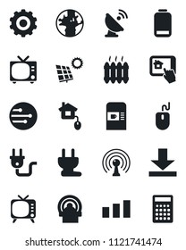 Set of vector isolated black icon - coffee machine vector, tv, gear, mouse, tomography, earth, sorting, satellite antenna, low battery, network, download, sun panel, heater, home control, power plug
