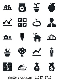 Set of vector isolated black icon - manager vector, seedling, plant label, greenhouse, pond, fertilizer, application, point graph, house with tree, fruit, estate agent, apple, eco, money bag