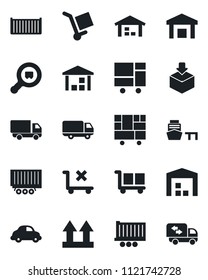 Set of vector isolated black icon - truck trailer vector, cargo container, car delivery, sea port, consolidated, up side sign, no trolley, warehouse, package, search, moving