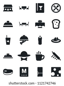 Set of vector isolated black icon - fridge vector, restaurant table, serviette, cafe, wine card, menu, reception, phyto bar, coffee, waiter, bread, building, candle, dress code, steak, rolling pin