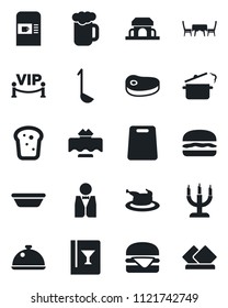 Set of vector isolated black icon - coffee machine vector, waiter, dish, restaurant table, wine card, beer, bread, cafe building, candle, vip zone, chicken, steak, hamburger, ladle, bowl, serviette