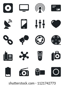 Set of vector isolated black icon - satellite antenna vector, reel, camera, microphone, radio, settings, video, remote control, network, cell phone, monitor, share, chain, heart, low battery, mail