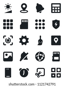 Set of vector isolated black icon - phone back vector, menu, gallery, protect, settings, themes, calculator, alarm, bell, sd, network, mute, brightness, cut, place tag, eye id, application