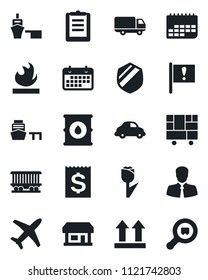 Set of vector isolated black icon - railroad vector, important flag, store, plane, client, car delivery, term, receipt, sea port, consolidated cargo, clipboard, up side sign, tulip, shield, search