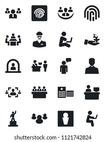 Set of vector isolated black icon - passport control vector, male, reception, speaking man, pedestal, team, meeting, manager place, hospital, doctor, group, user, fingerprint id, company, hr