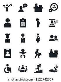 Set of vector isolated black icon - dispatcher vector, baby, manager place, disabled, pregnancy, speaker, group, user, identity card, hr, meeting, career ladder, waiter, cook, consumer search